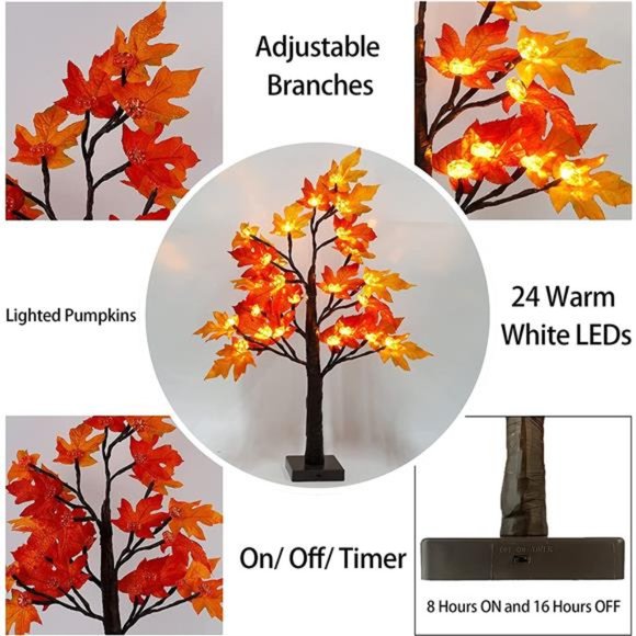22 Inch Thanksgiving Artificial Maple Tree with Pumpkin LED Lights and Timer - Picture 4 of 7